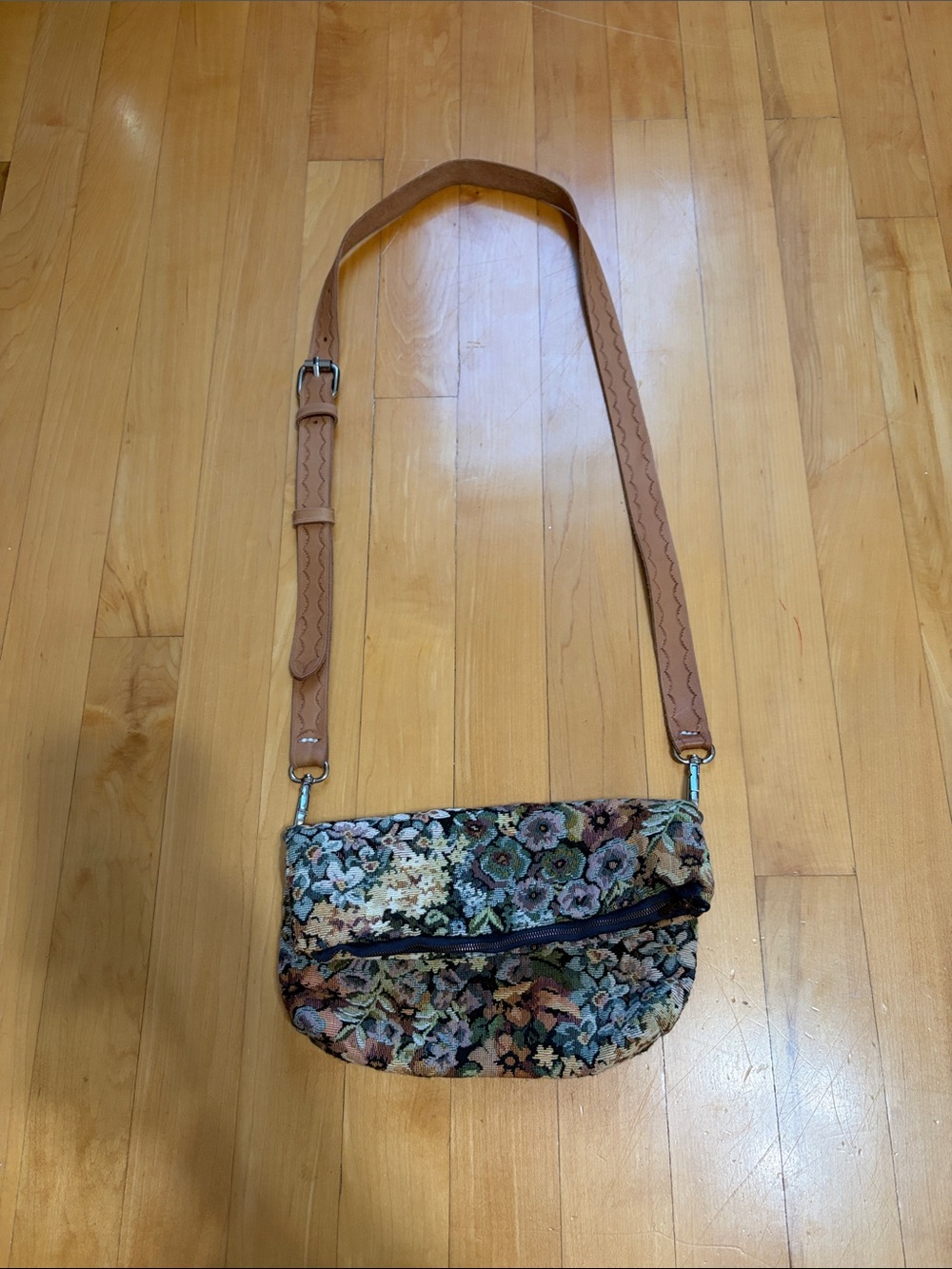 Floral Tapestry Crossbody Bag with Tan Adjustable Strap